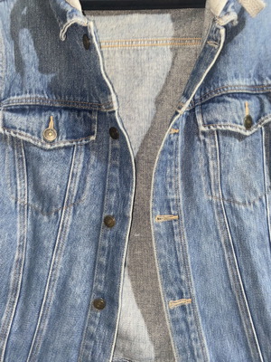 Unisex denim jacket with grey hoodie sleeves and hood used, size M