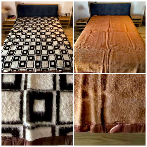 Wool blankets like new, set of 2, geometric retro and terracotta satin trim