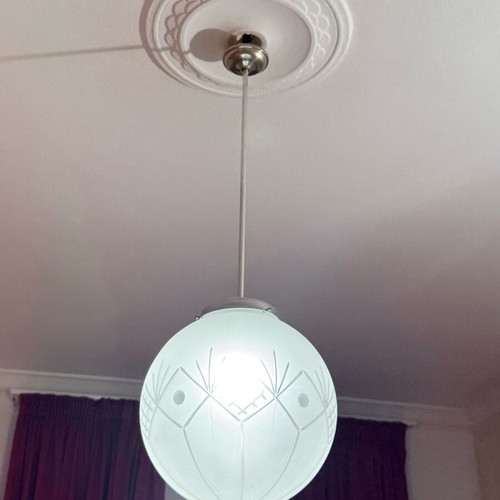 Vintage ceiling light with white cut crystal shade, used