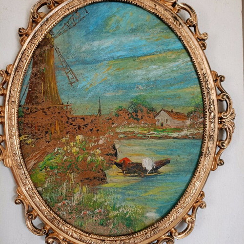 Old oil painting in bronze frame 45x32 like new