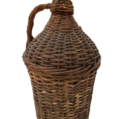 Antique glass demijohn with handle used, 5 liters, wicker wrapped