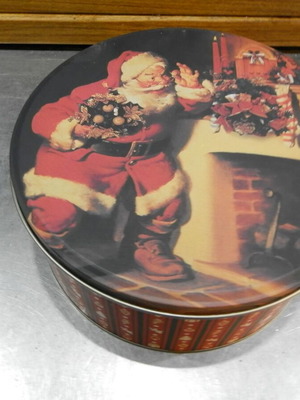 Metal box Santa Claus by fireplace like new