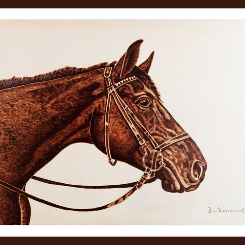 Horse portrait pyrography painting on linden wood