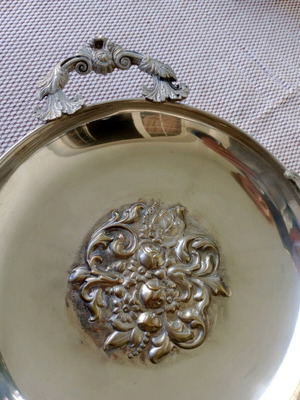 Ornate immutable platter with handles like new, antique