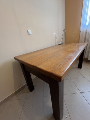 Handmade wooden dining table like new, oak surface with dark legs