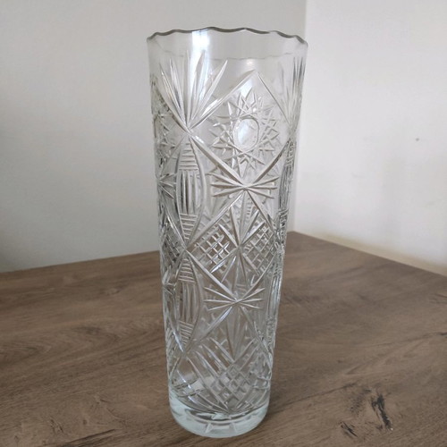 Czech carved vase vintage with detailed embossed design from the 1960s