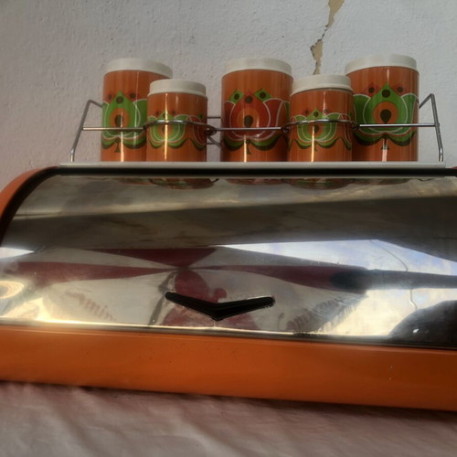 Vintage metal bread box with storage containers