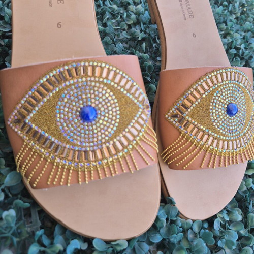 Handmade Evil Eye Sandals new, brown and gold platform