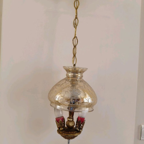 Vintage Hollywood Regency chandelier with gold and amber glass like new