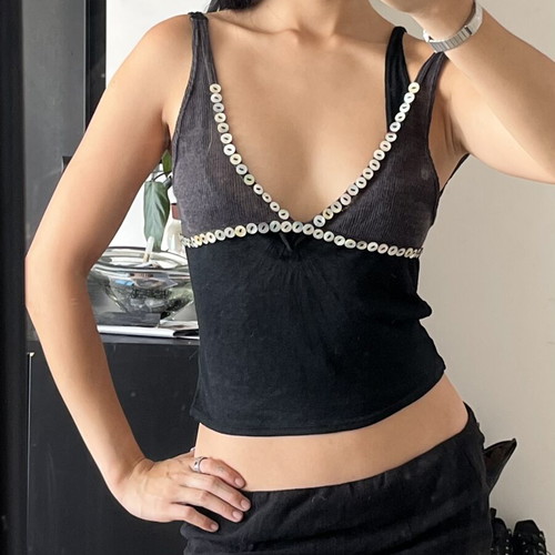 Piccoro shell button layered cami top, black and grey, size M