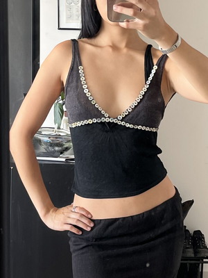 Piccoro shell button layered cami top, black and grey, size M
