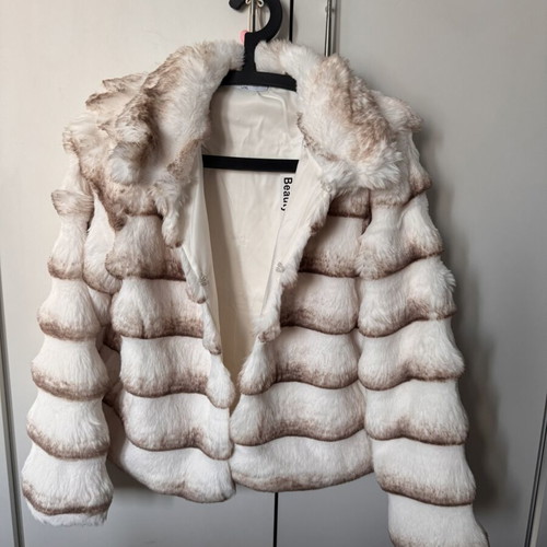 Synthetic fur coat new, white and beige