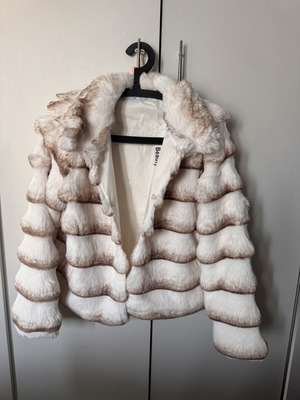 Synthetic fur coat new, white and beige