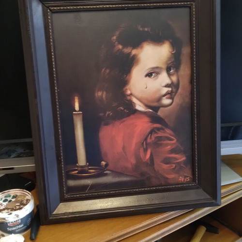 Painting "The Boy Who Cries" with Wooden Frame, Like New