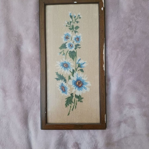 Vintage embroidered textile painting flowers used, framed