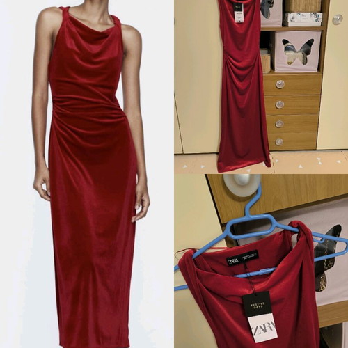 Zara velvet dress dark red XS new with tag