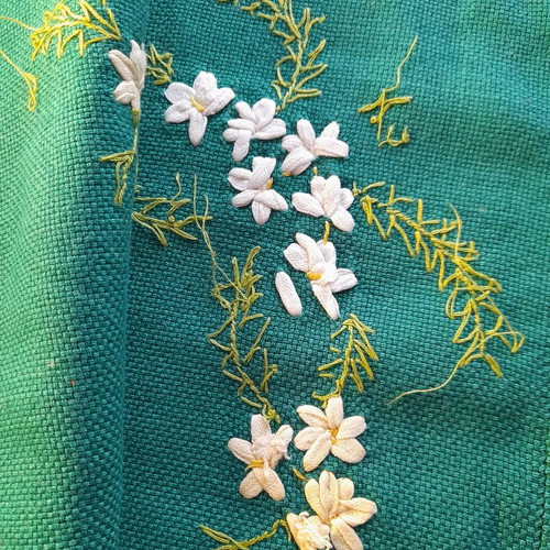 Embroidered handmade table linen in dark green like new