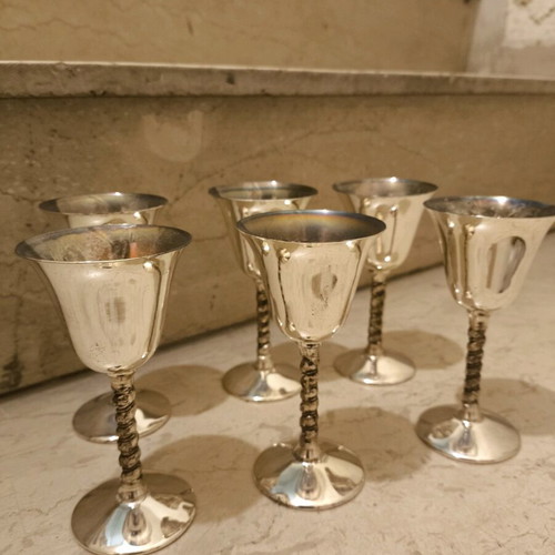 Set of six used silver-plated liqueur glasses