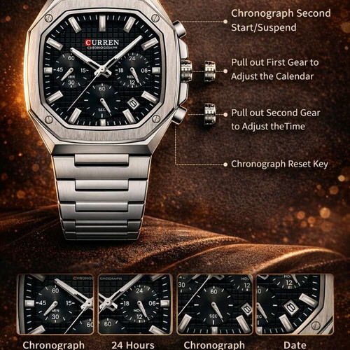 Ανδρικό ρολόι Curren POLYGON Chrono καινούργιο, μαύρο και ασημί