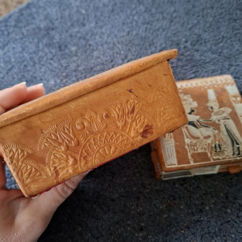 Egyptian leather boxes used, set of two with hand-painted designs