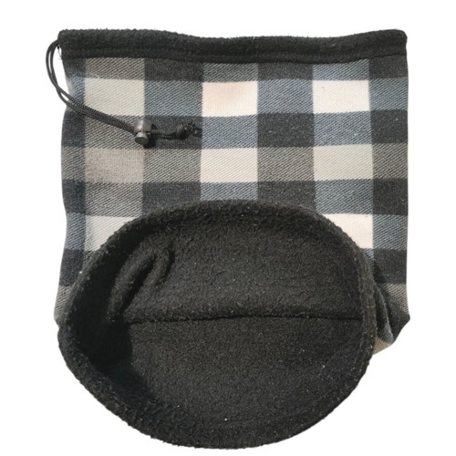 Fleece neck warmer used, double-sided, black and gray checkered