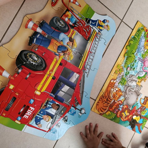 Baby puzzles used, fire truck and jungle themes, 2 pieces