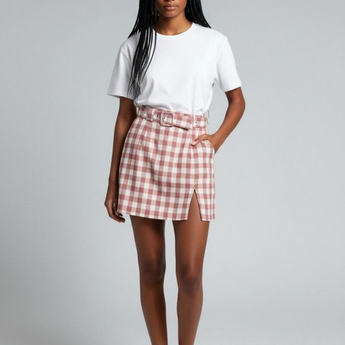 Princess Polly Red White Gingham Plaid Mini Skirt with Belt, XXS