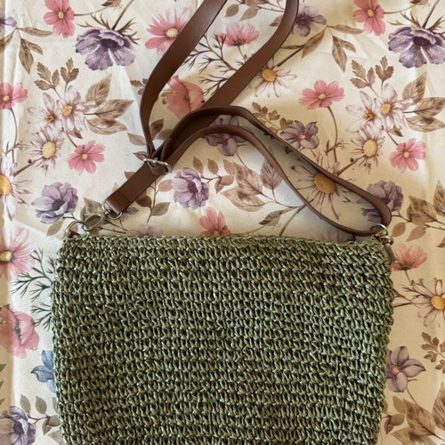 Handmade shoulder bag like new, green khaki with fabric pom-poms