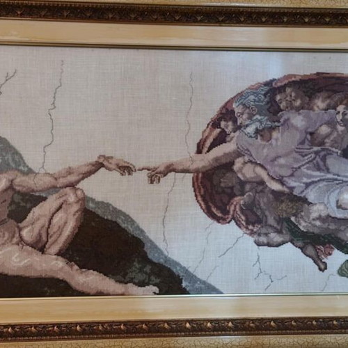 Embroidered painting The Creation of Adam Michelangelo like new