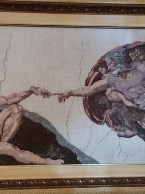 Embroidered painting The Creation of Adam Michelangelo like new