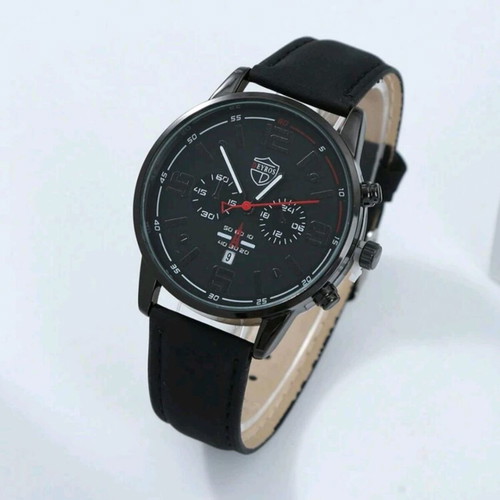 Round watch with leather strap new, men's, black