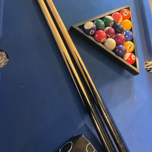 Billiard table used 90x50cm with balls, triangle, rest, and two cues