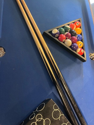 Billiard table used 90x50cm with balls, triangle, rest, and two cues