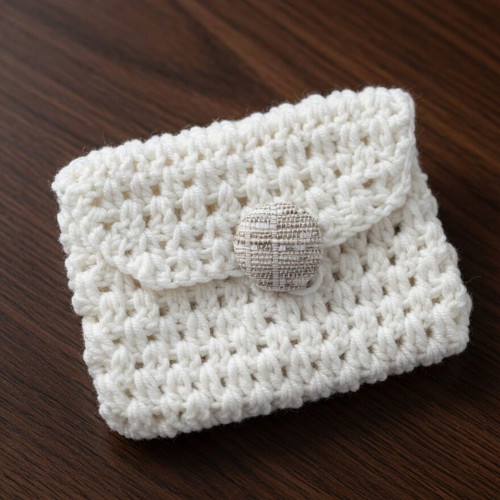 White Boho Handmade Crochet Pouch with Button Closure