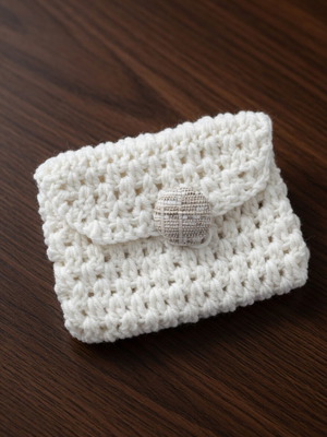 White Boho Handmade Crochet Pouch with Button Closure