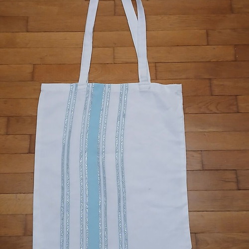 Cotton tote bag new, white with turquoise stripe and silver details