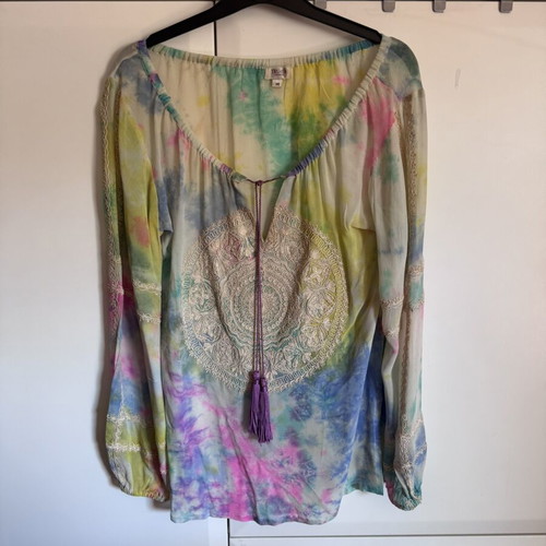 Tashia London Boho Silk Blouse like new, colourful tie dye with embroidery