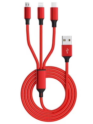 3-in-1 charging cable new, red, USB-C, Micro USB, Lightning
