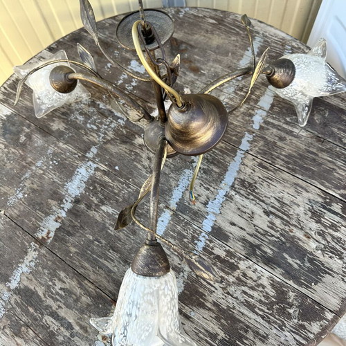 Vintage metal 3-light ceiling lamp with glass flower-shaped shades