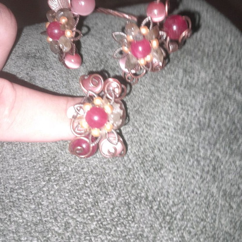 Copper bracelet and ring set like new with pink and green stones