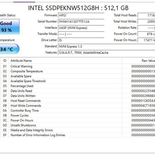 Intel SSDPEKNW512G8H NVMe SSD 512GB M.2 2280 like new