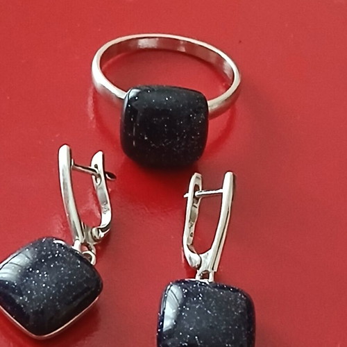 Jewelry set 18 mm ring and earrings, 925 silver and stone, new
