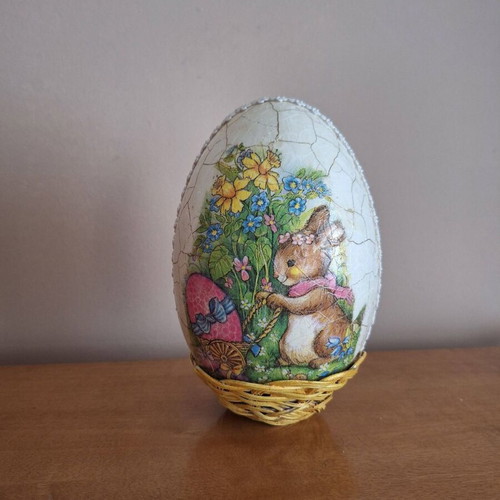 Large handmade Easter egg decoupage with decorative trim and crackle effect