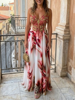 Alchera luxury maxi φόρεμα με κεντημένο μπούστο και ανοιχτή πλάτη, σαν καινούργιο, μέγεθος M