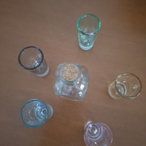 Set of 5 Colored Shot Glasses with Bottle like new