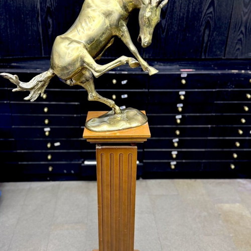 Bucephalus brass sculpture on walnut wood base used