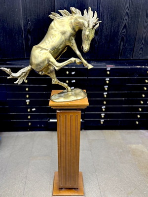 Bucephalus brass sculpture on walnut wood base used