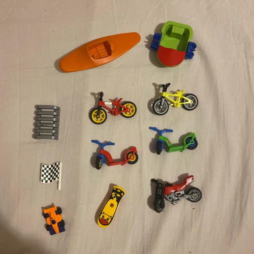 Playmobil bicycles, scooter, motorcycle, samp, boat, flag, formula