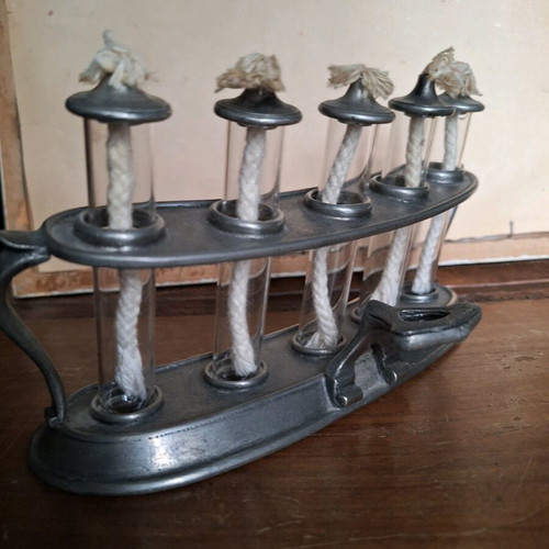 Decorative candle holder used, tin with 5 glass wick holders