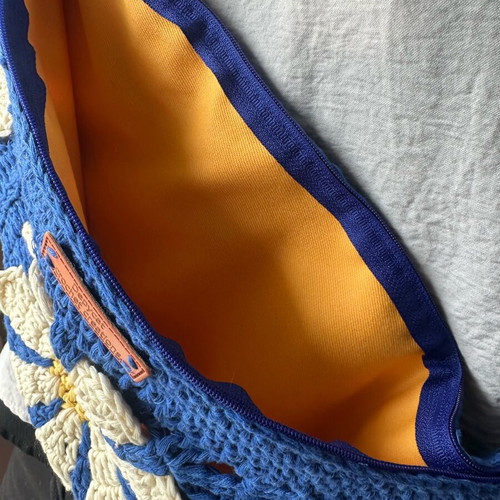 Handmade crochet shoulder bag crossbody blue with flower design